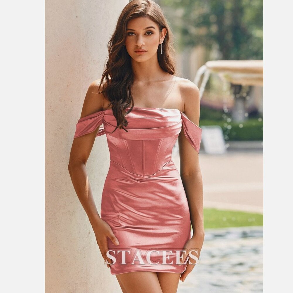 Stacees NWT Dusty Rose Pink Sheath Off Shoulder Short Mini Silky Pleated Dress 6